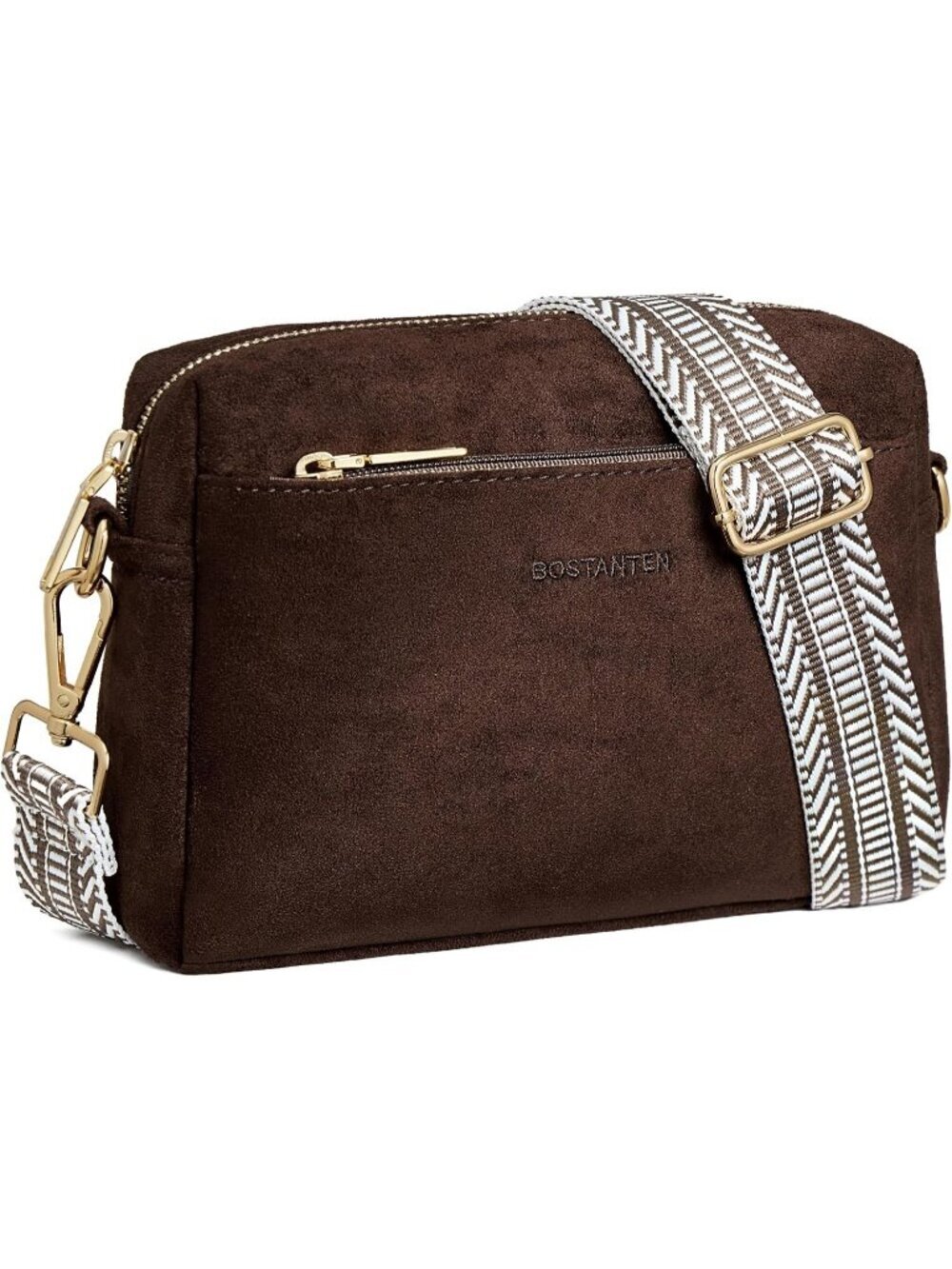 Women's Suede Coffee  Triple Zip Crossbody Bag Purse with Colored Shoulder Strap
